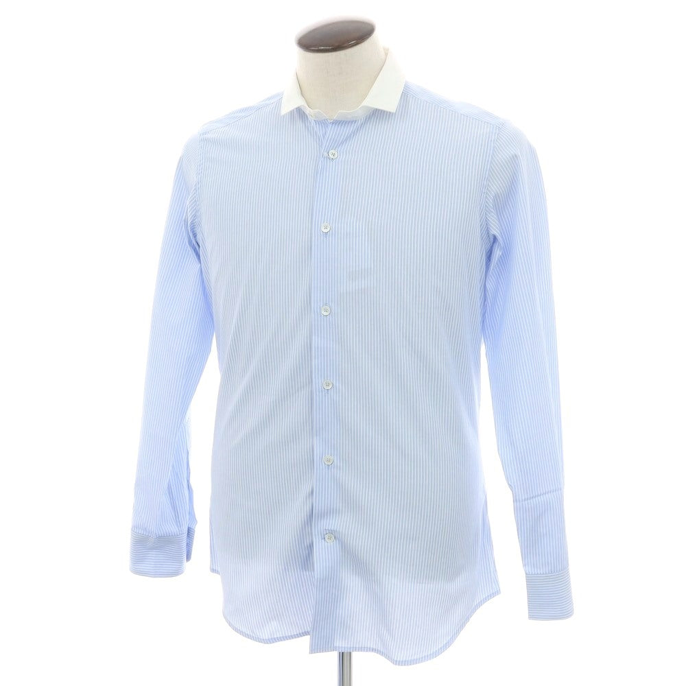 【新品】バグッタ Bagutta LEOPOLDA コットン ストライプ クレリック ショートカラー カジュアルシャツ ライトブルーxホワイト【 41 】【 状態ランクN 】【 メンズ 】