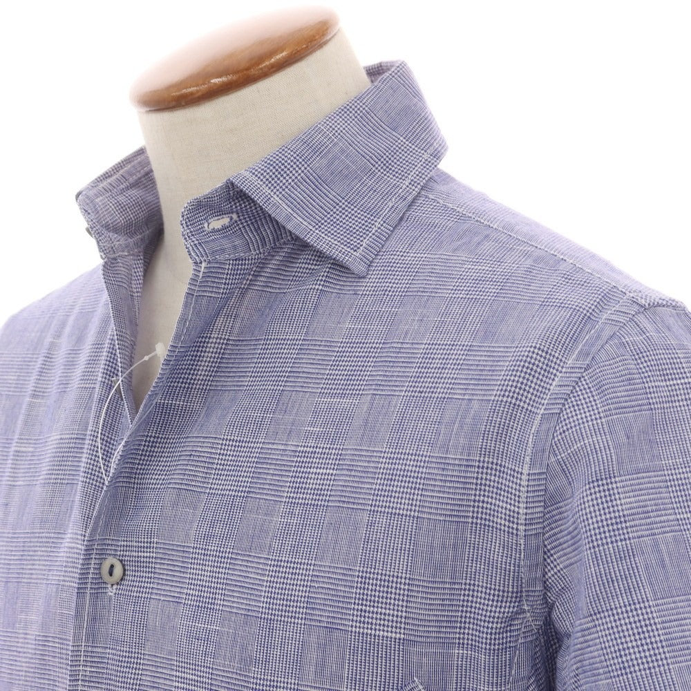 【中古】ユニバーサルランゲージ UNIVERSAL LANGUAGE コットンリネンレーヨン グレンチェック セミワイドカラー 半袖シャツ ライトネイビーxホワイト【 48 】【 状態ランクB 】【 メンズ 】