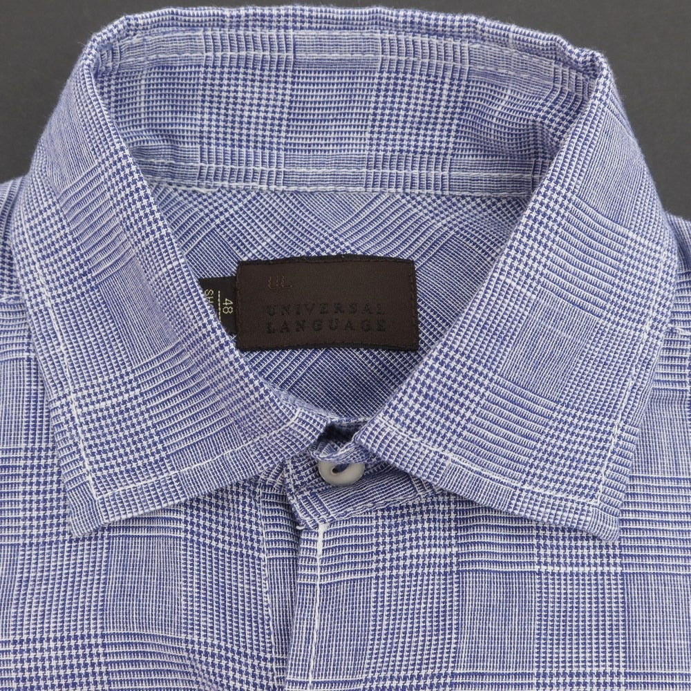 【中古】ユニバーサルランゲージ UNIVERSAL LANGUAGE コットンリネンレーヨン グレンチェック セミワイドカラー 半袖シャツ ライトネイビーxホワイト【 48 】【 状態ランクB 】【 メンズ 】