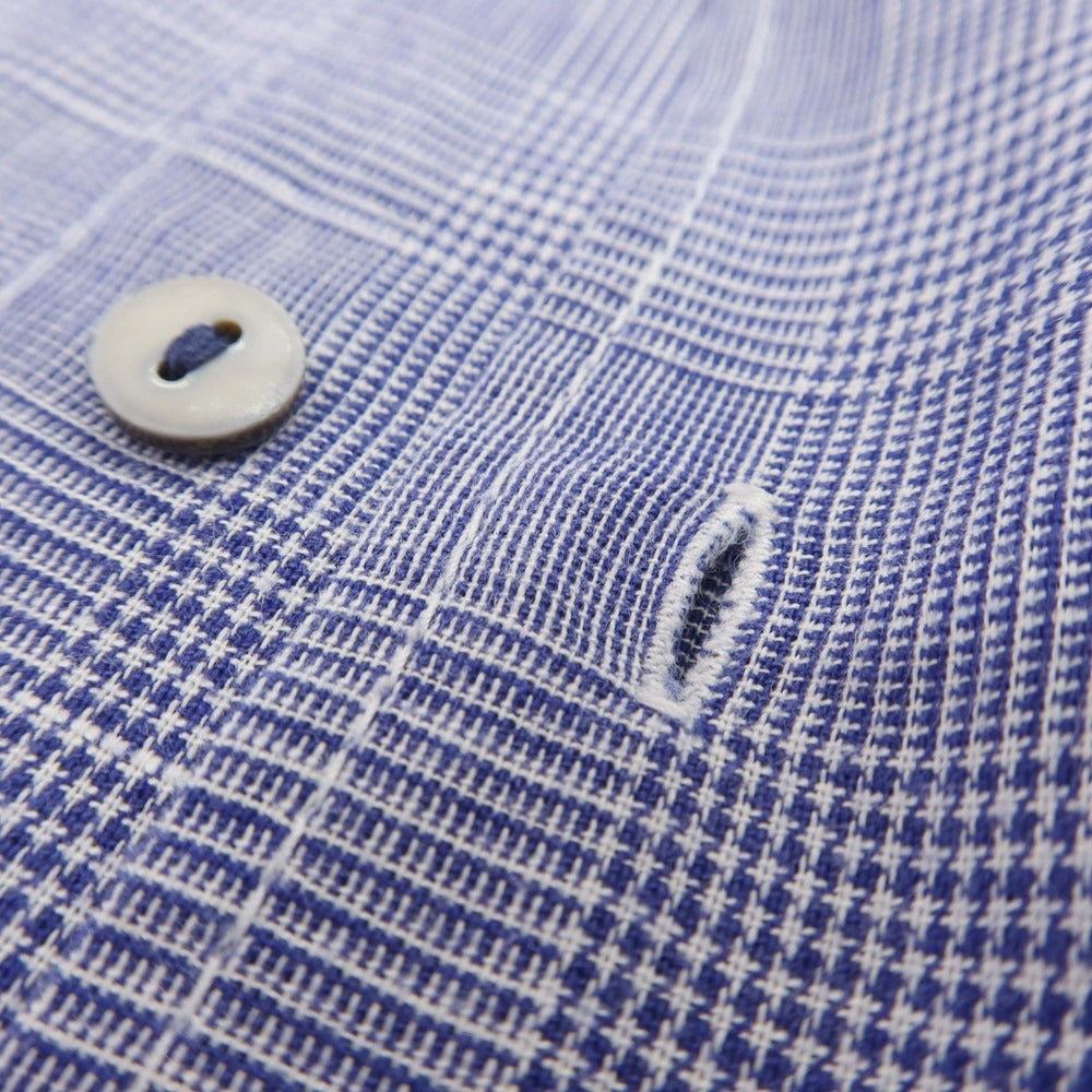 【中古】ユニバーサルランゲージ UNIVERSAL LANGUAGE コットンリネンレーヨン グレンチェック セミワイドカラー 半袖シャツ ライトネイビーxホワイト【 48 】【 状態ランクB 】【 メンズ 】