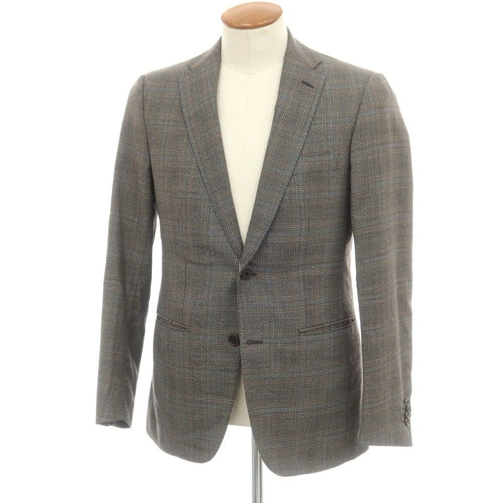 【中古】カルーゾ CARUSO チェック ウール テーラードジャケット ダークグレーxブルー【 46 】【 状態ランクC 】【 メンズ 】