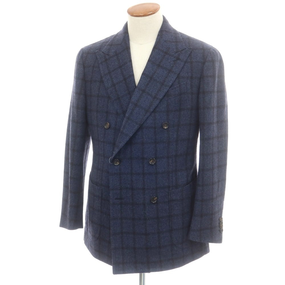 【中古】スティレ ラティーノ STILE LATINO ウールカシミヤ チェック ダブル6B テーラードジャケット ライトネイビーxブラック【 48 】【 状態ランクB 】【 メンズ 】