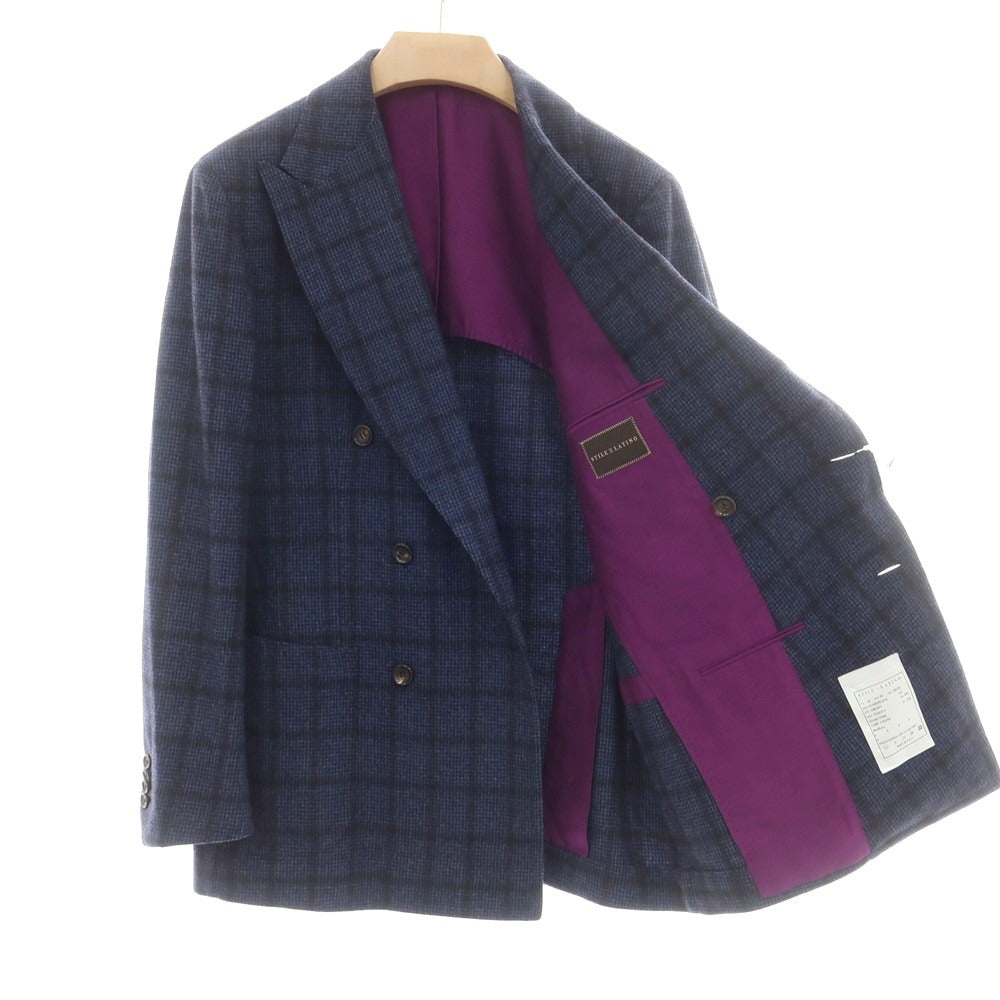 【中古】スティレ ラティーノ STILE LATINO ウールカシミヤ チェック ダブル6B テーラードジャケット ライトネイビーxブラック【 48 】【 状態ランクB 】【 メンズ 】