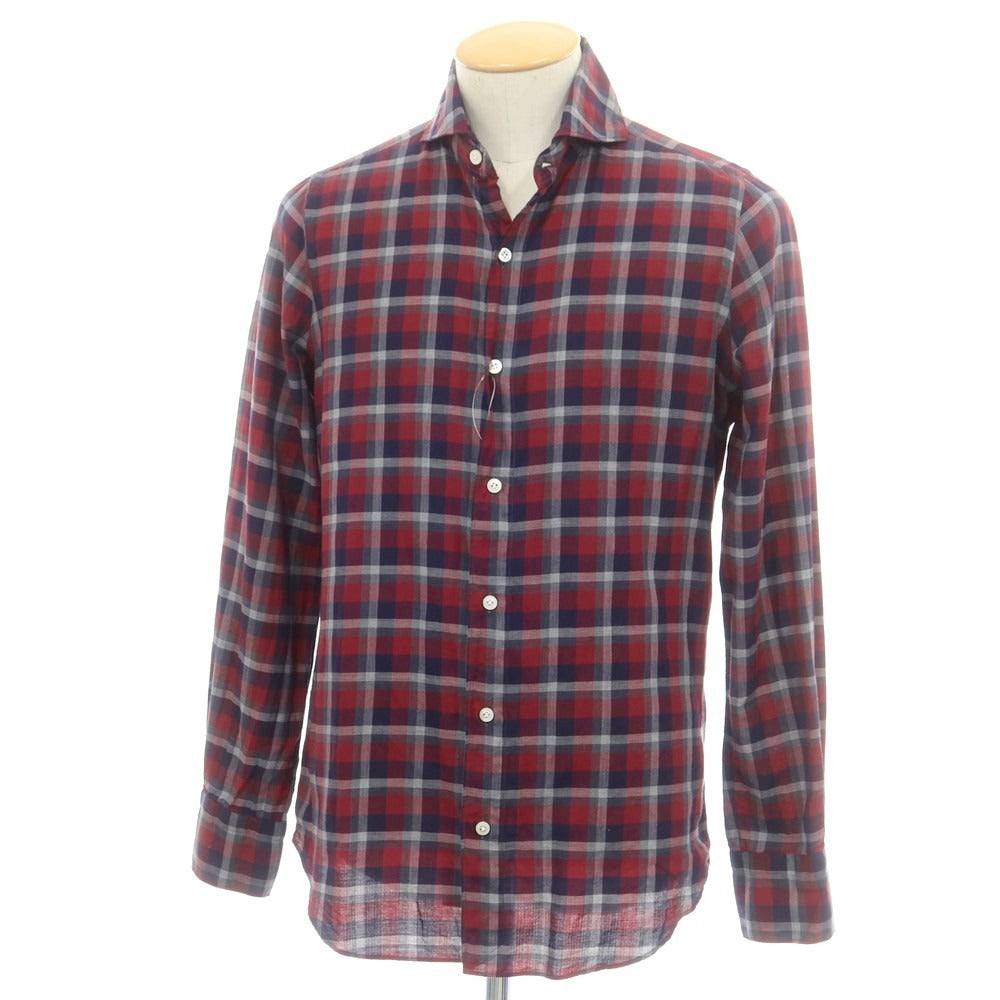 【中古】フィナモレ Finamore コットン チェック ホリゾンタルカラー カジュアルシャツ ダークレッドxネイビー【 38 】【 状態ランクB 】【 メンズ 】