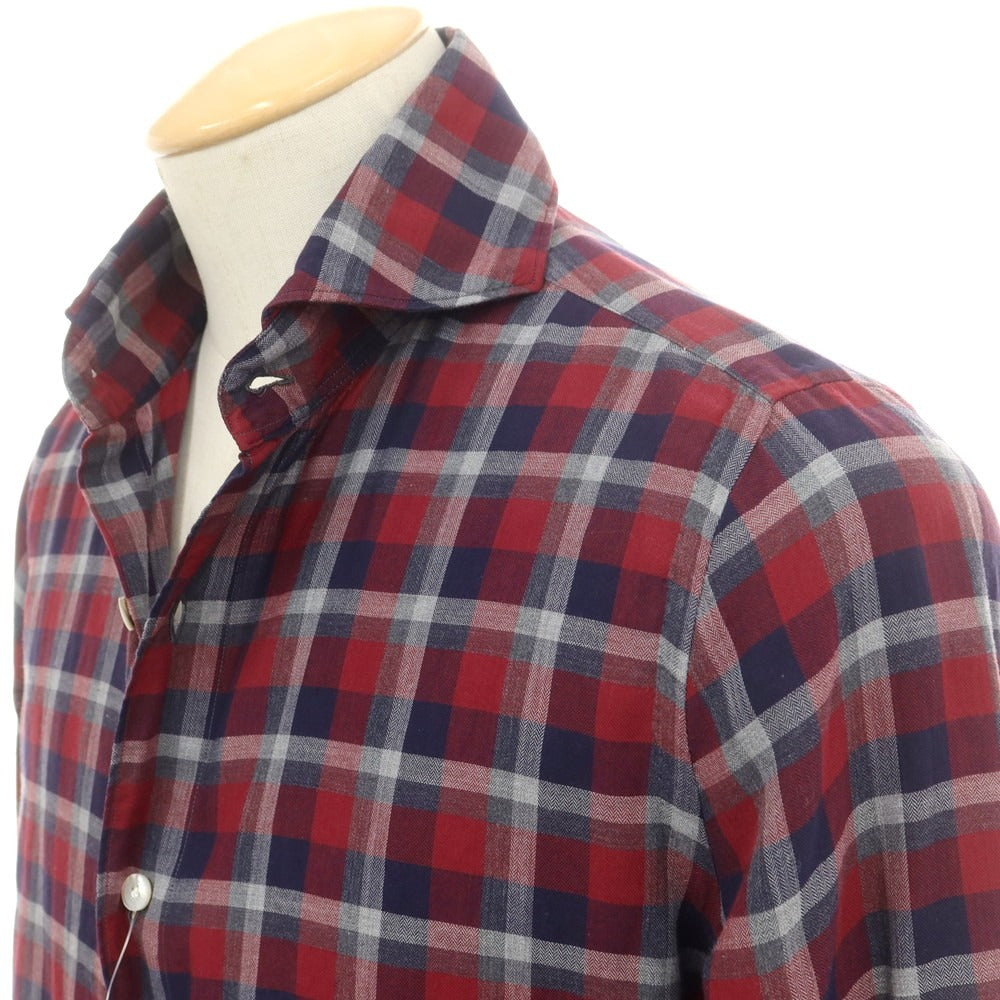 【中古】フィナモレ Finamore コットン チェック ホリゾンタルカラー カジュアルシャツ ダークレッドxネイビー【 38 】【 状態ランクB 】【 メンズ 】