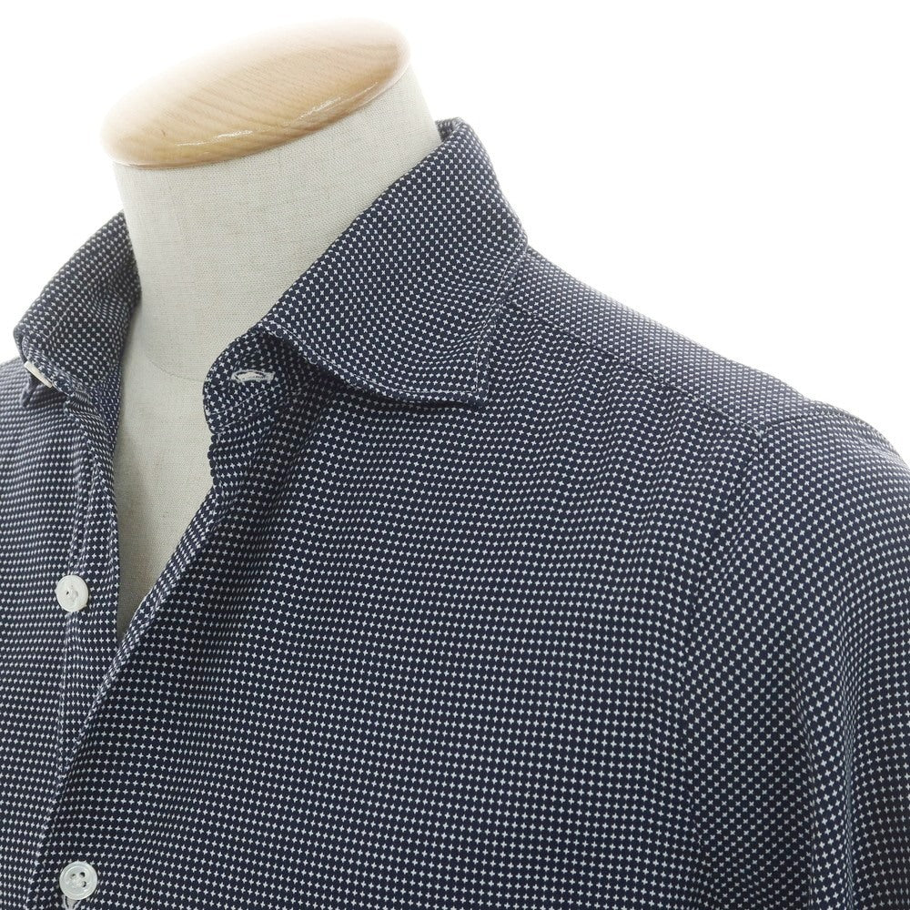 【中古】フィナモレ Finamore コットン セミワイドカラー カジュアルシャツ ネイビーxホワイト【 38 】【 状態ランクB 】【 メンズ 】