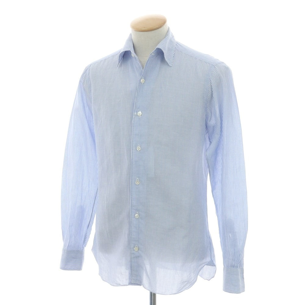 【中古】バルバ BARBA CULTO コットンリネン ストライプ セミワイド ワンピースカラー カジュアルシャツ ブルーxホワイト【 38 】【 状態ランクB 】【 メンズ 】