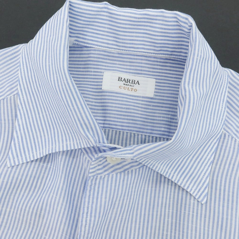 【中古】バルバ BARBA CULTO コットンリネン ストライプ セミワイド ワンピースカラー カジュアルシャツ ブルーxホワイト【 38 】【 状態ランクB 】【 メンズ 】
