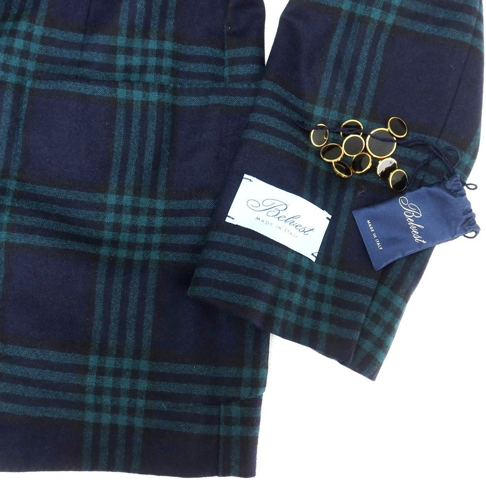 【新品】ベルベスト Belvest チェック ストレッチウール テーラードジャケット ネイビーxグリーン【 48 Drop7 】【 状態ランクN 】【 メンズ 】