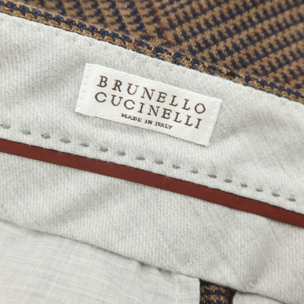 【新品】ブルネロクチネリ Brunello Cucinelli ウールリネン チェック ドレススラックスパンツ ブラウンxネイビー【 48 】【 状態ランクN 】【 メンズ 】