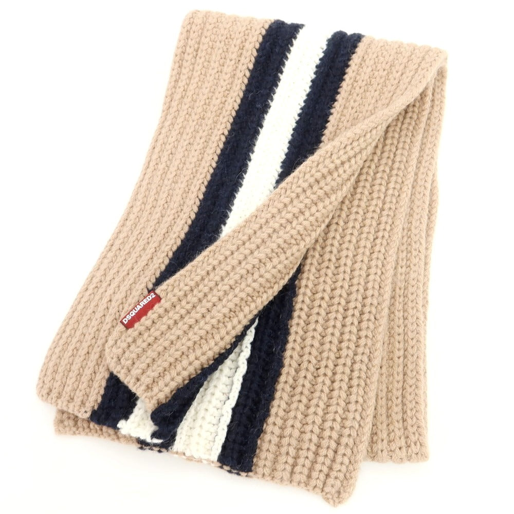 【新品】ディースクエアード DSQUARED2 ローゲージニット マフラー ベージュxネイビー【 状態ランクN 】【 メンズ 】