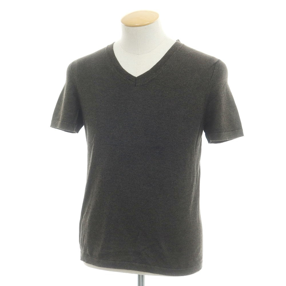 【中古】ファブリツィオ デル カルロ FABRIZIO DEL CARLO ハイゲージ コットン Vネック 半袖 プルオーバーニット グレーxベージュ×ブラック【 S 】【 状態ランクB 】【 メンズ 】