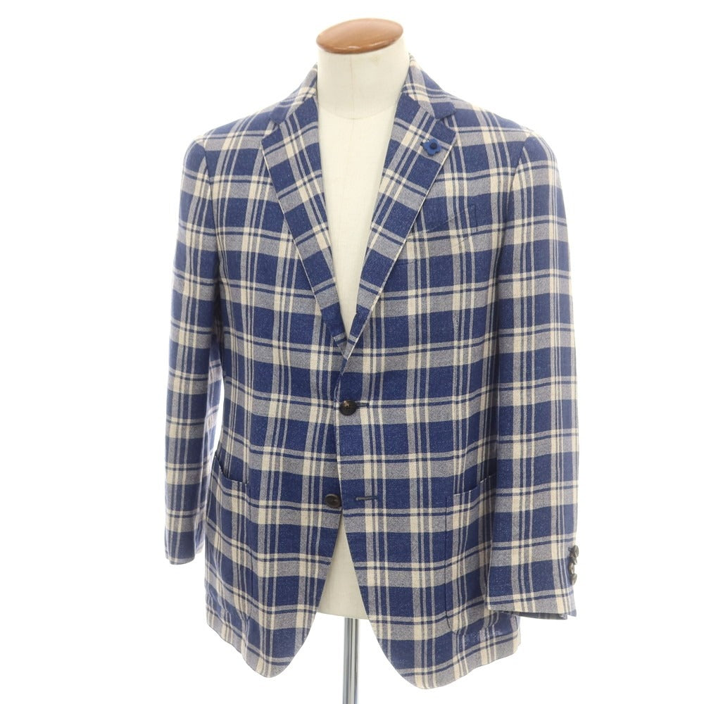 【中古】ラルディーニ LARDINI ウールリネン チェック テーラードジャケット ネイビーxベージュ【 48 】【 状態ランクB 】【 メンズ 】