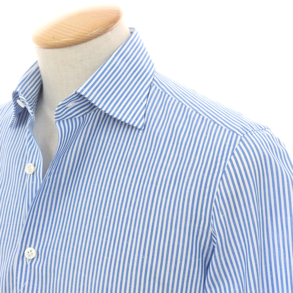【中古】マリアサンタンジェロ Maria Santangelo コットンリネン ストライプ セミワイドカラー ドレスシャツ ブルーxホワイト【 38 】【 状態ランクB 】【 メンズ 】