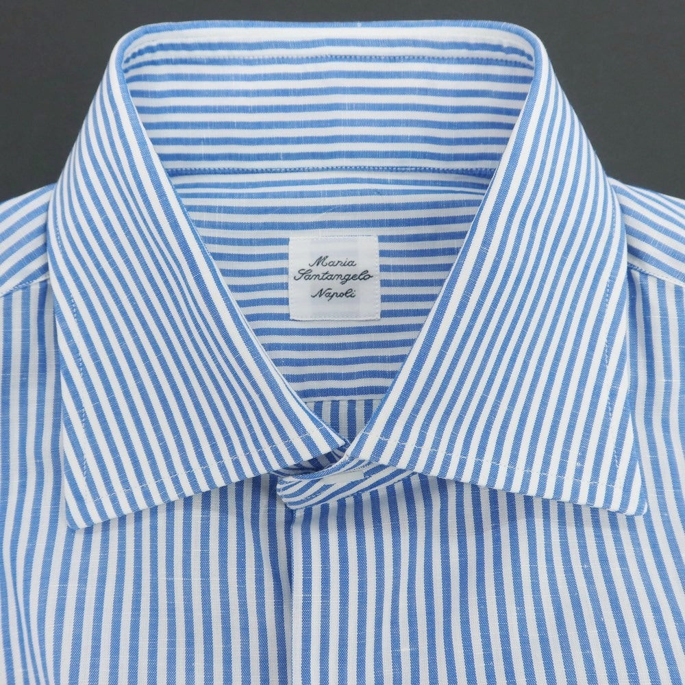 【中古】マリアサンタンジェロ Maria Santangelo コットンリネン ストライプ セミワイドカラー ドレスシャツ ブルーxホワイト【 38 】【 状態ランクB 】【 メンズ 】