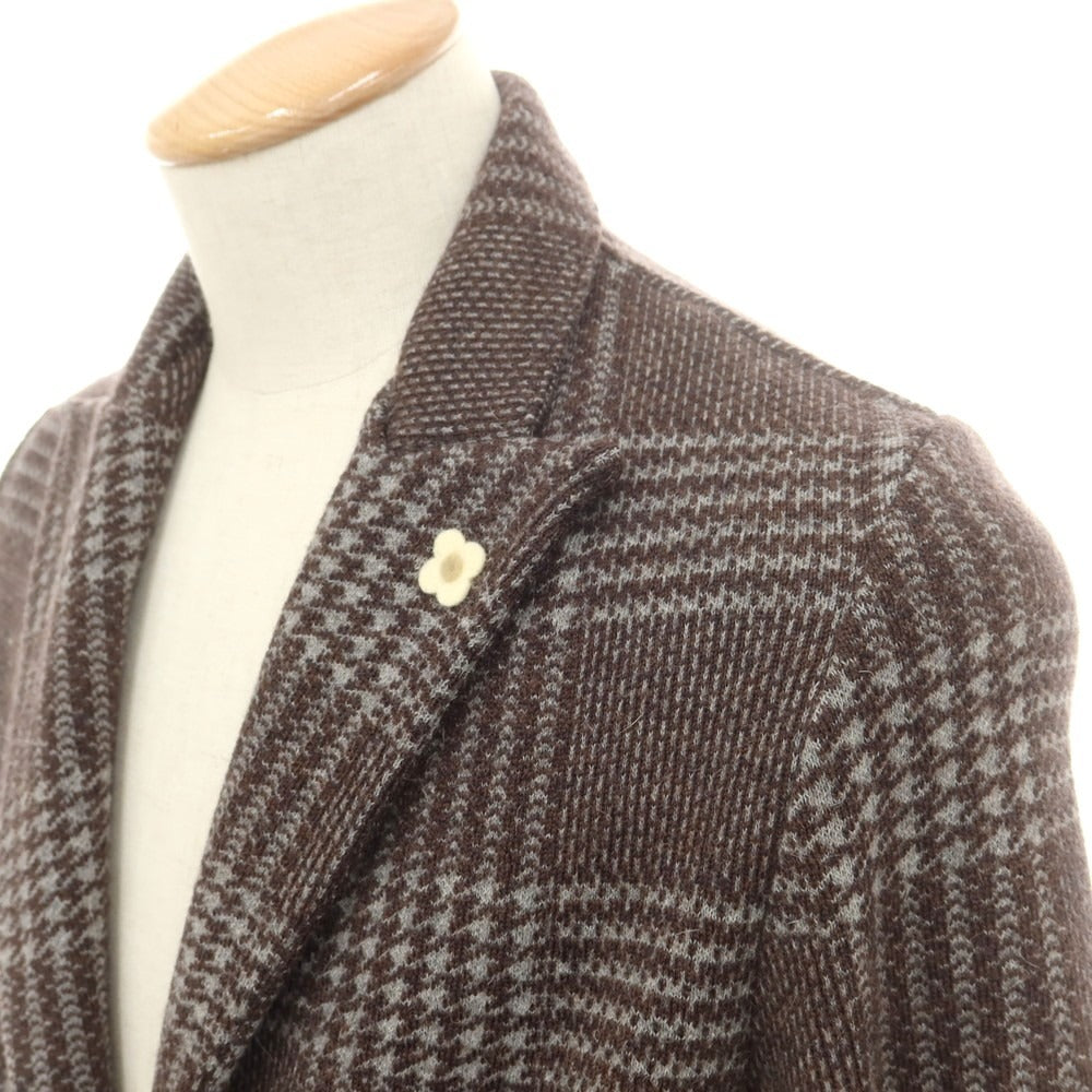 【中古】ラルディーニ LARDINI ウールアルパカ チェック ニットジャケット ブラウンxライトグレー【 XS 】【 状態ランクA 】【 メンズ 】