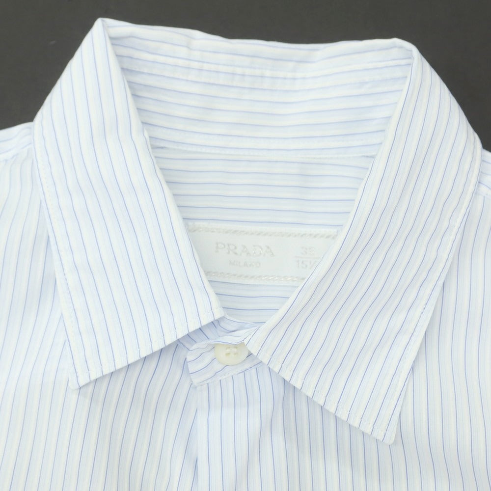 【中古】プラダ PRADA コットン ストライプ レギュラーカラー ドレスシャツ ホワイトxブルー【 39 】【 状態ランクC 】【 メンズ 】