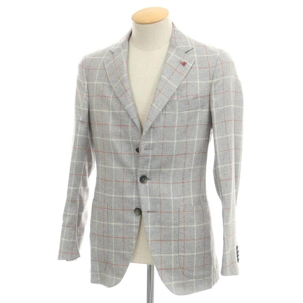 【中古】イザイア ISAIA SAILOR シルク チェック 3B テーラードジャケット ライトグレーxオレンジ【 42 】【 状態ランクD 】【 メンズ 】