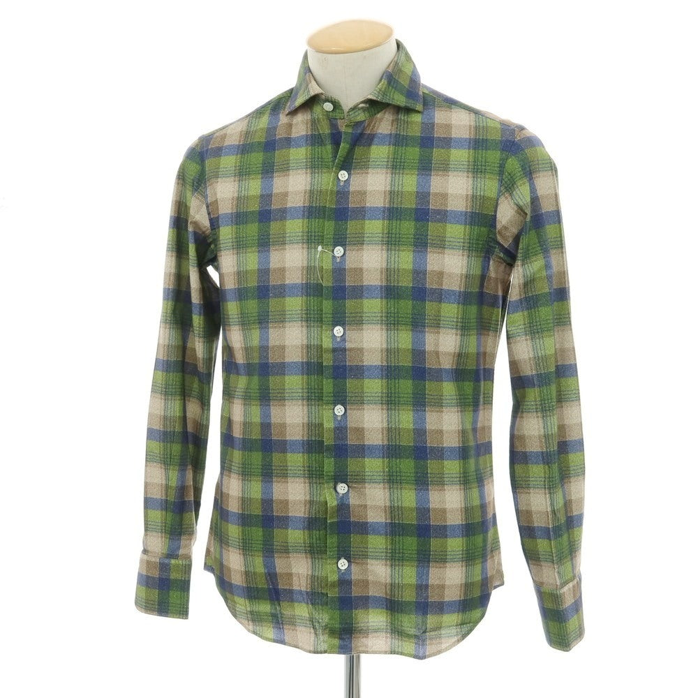 【中古】エンメ テ エンネ Emme te. Enne コットン チェック プリント ワイドカラー カジュアルシャツ グリーンxベージュ【サイズXS】【 状態ランクB 】【 メンズ 】