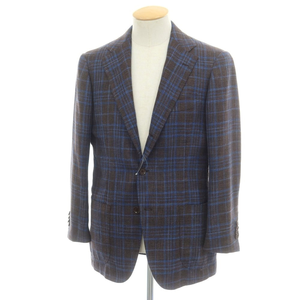 【中古】リングヂャケット RING JACKET ウールシルクリネン チェック 3B テーラードジャケット ブラウンxブルー【 44 】【 状態ランクB 】【 メンズ 】