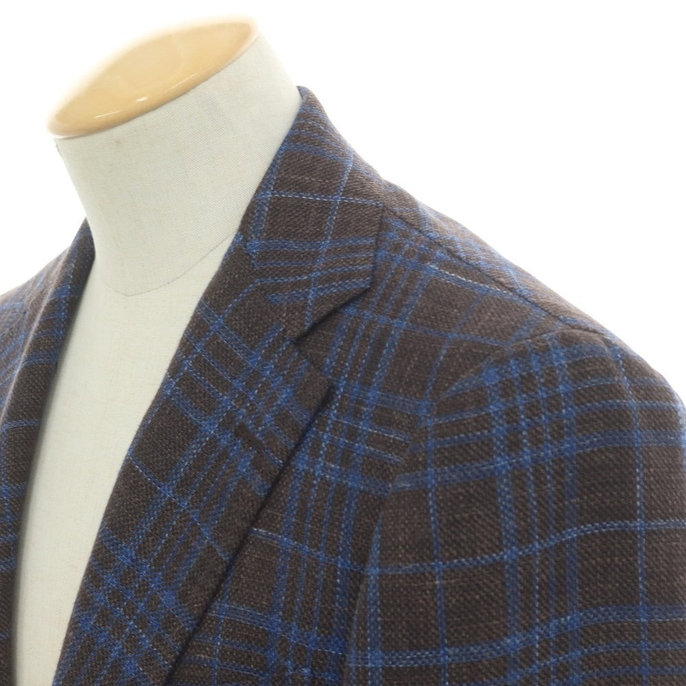 【中古】リングヂャケット RING JACKET ウールシルクリネン チェック 3B テーラードジャケット ブラウンxブルー【 44 】【 状態ランクB 】【 メンズ 】