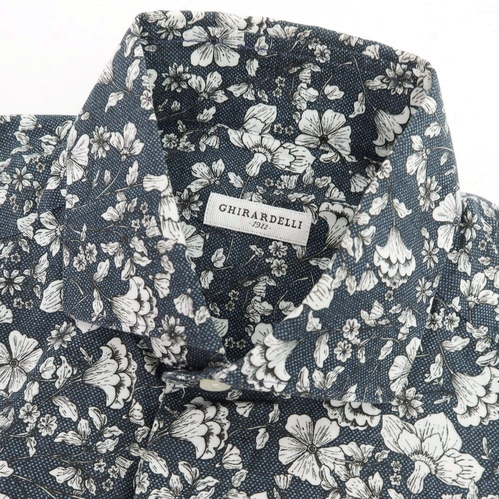 【中古】ギラルデッリ GHIRARDELLI コットン ボタニカル柄 プリント ワイドカラー カジュアルシャツ ネイビーxホワイト【サイズ37】【 状態ランクB 】【 メンズ 】
