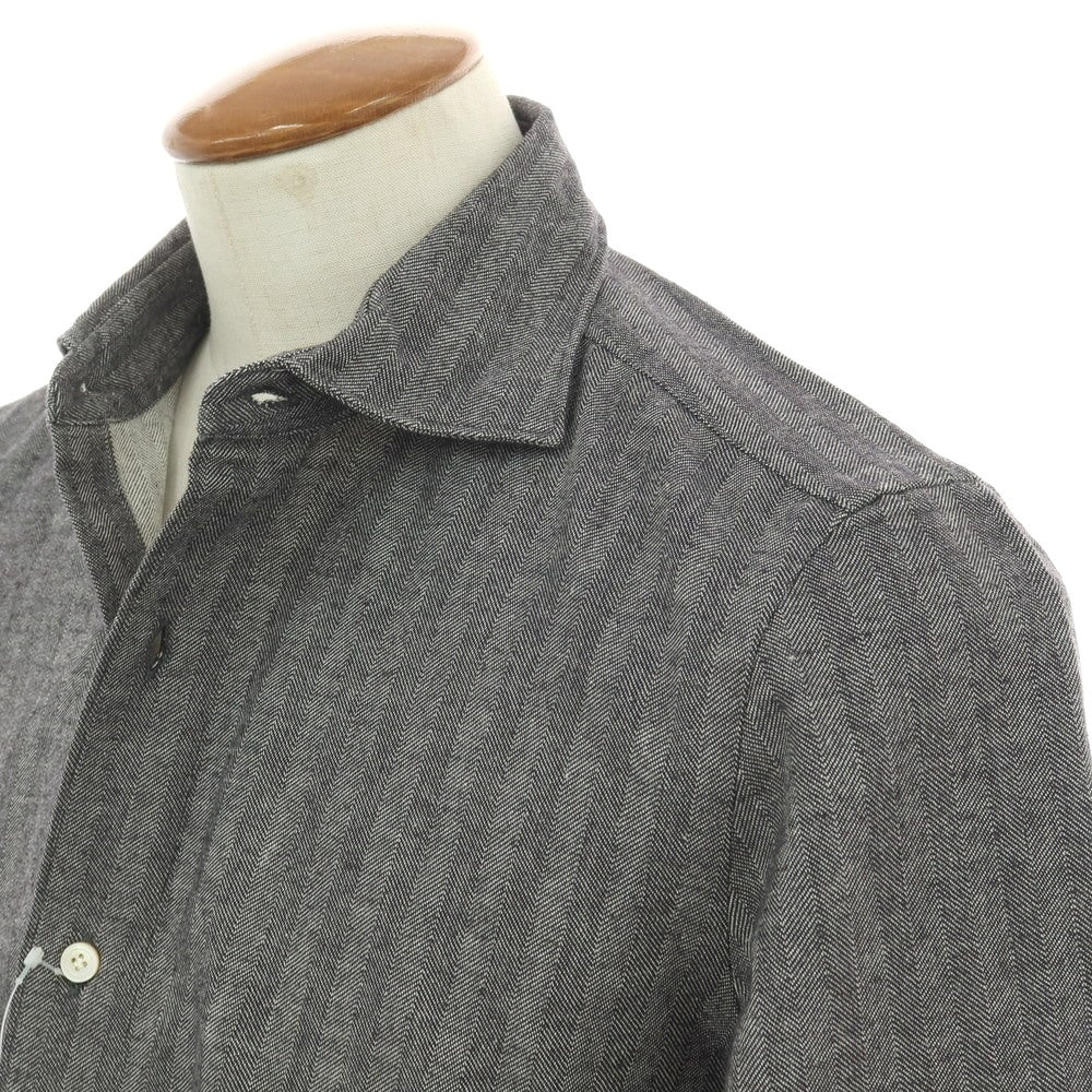【中古】フィナモレ Finamore コットンウール ヘリンボーンストライプ ワイドカラー カジュアルシャツ グレー【サイズM】【 状態ランクA 】【 メンズ 】
