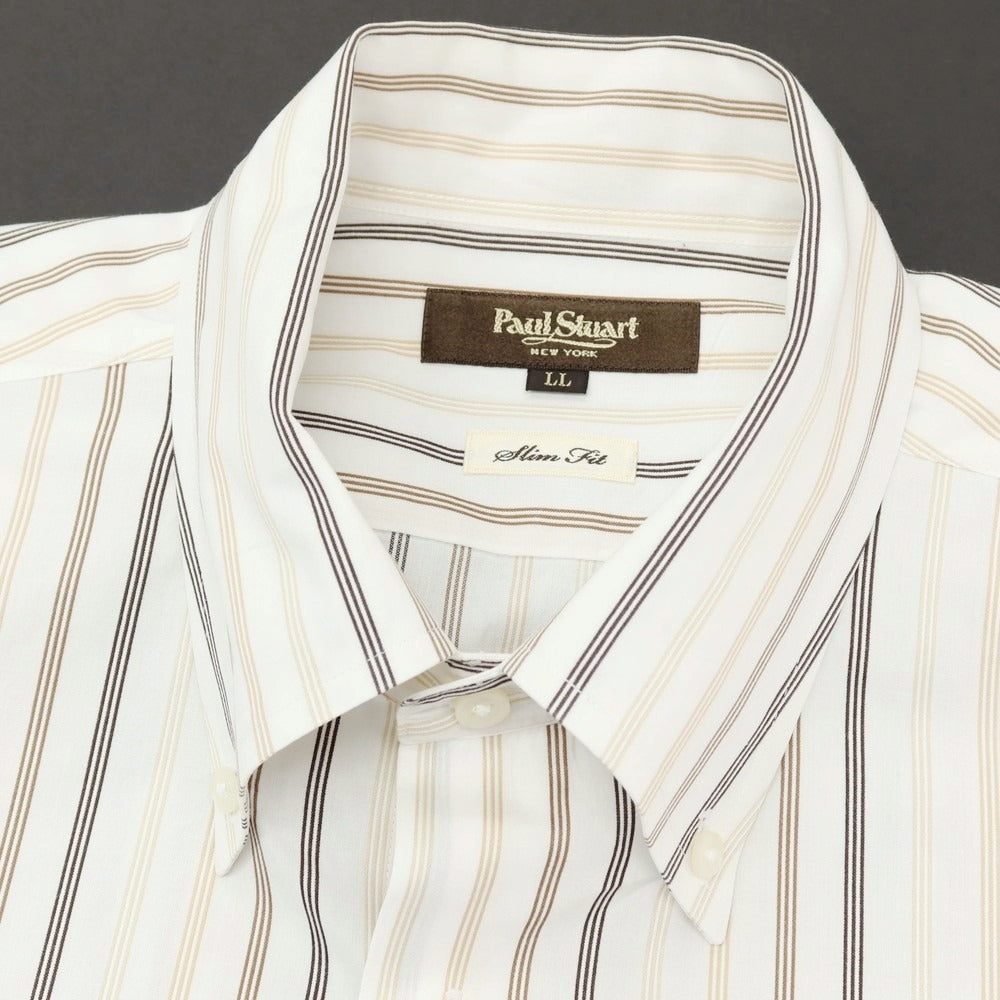 【中古】ポールスチュアート PAUL STUART コットン ストライプ 半袖シャツ ホワイトxブラウン【サイズLL】【 状態ランクB 】【 メンズ 】