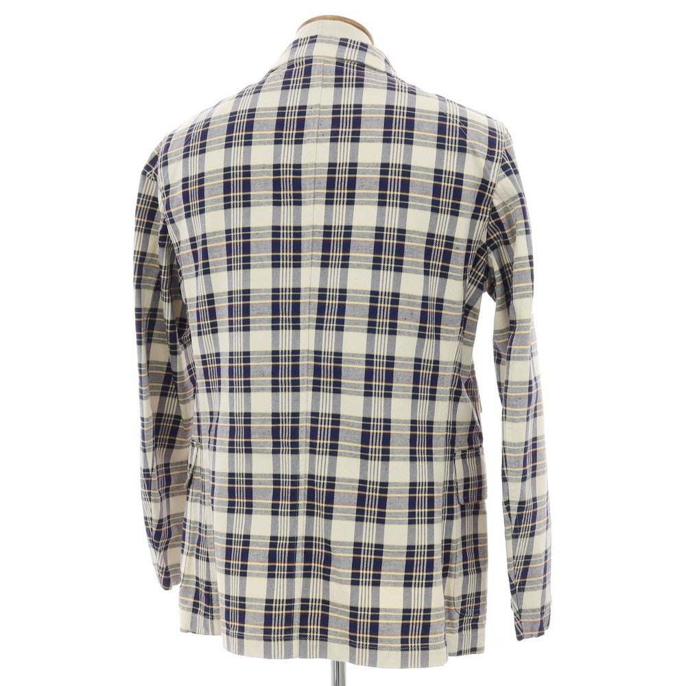 【新品】ドレイクス DRAKES コットンリネン チェック 3B カジュアルジャケット アイボリーxネイビー【 38 】【 状態ランクN 】【 メンズ 】