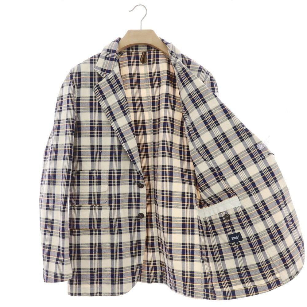 【新品】ドレイクス DRAKES コットンリネン チェック 3B カジュアルジャケット アイボリーxネイビー【 38 】【 状態ランクN 】【 メンズ 】