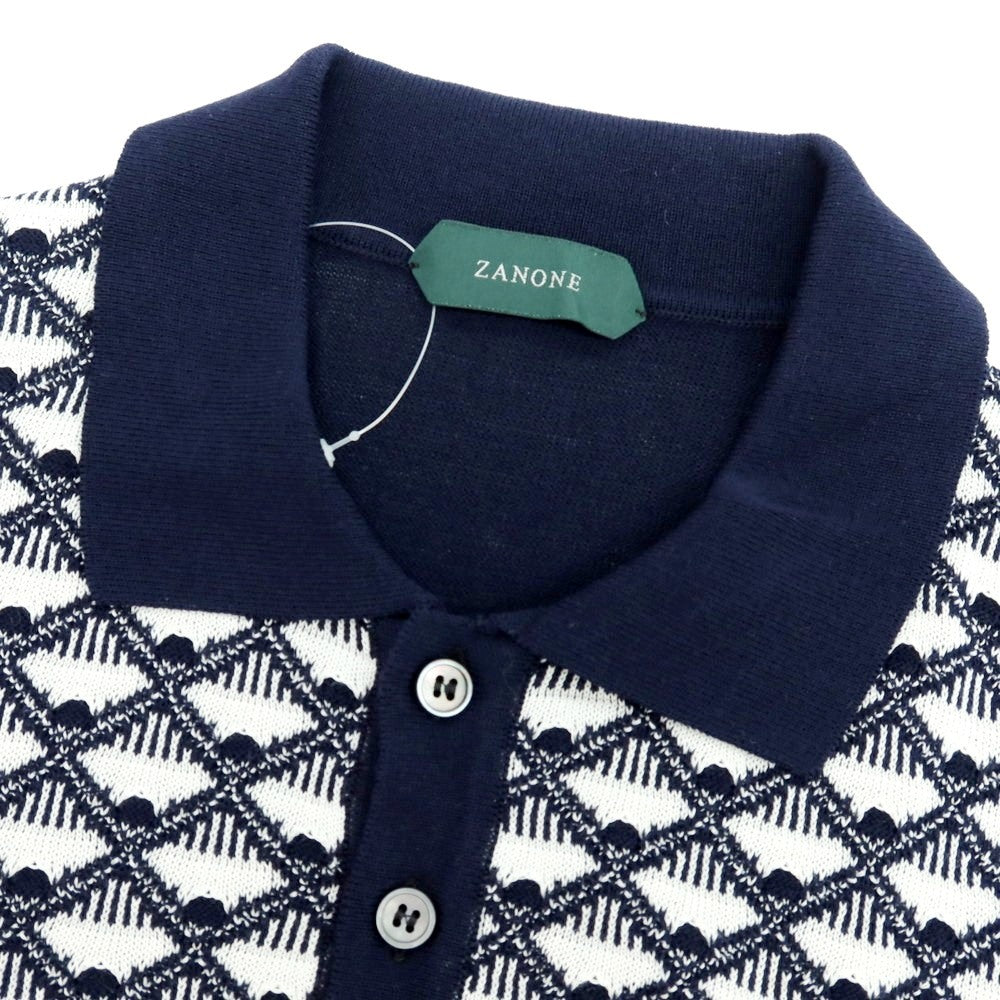 【新品】ザノーネ ZANONE ハイゲージ コットン 半袖 ポロニット ネイビーxホワイト【 48 】【 状態ランクN 】【 メンズ 】