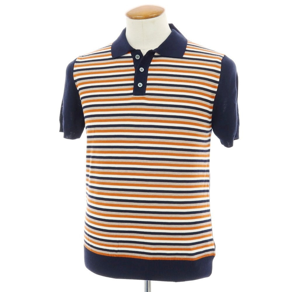 【新品】ザノーネ ZANONE ハイゲージ コットン ボーダー 半袖 ポロニット ネイビーxダークオレンジ【 48 】【 状態ランクN 】【 メンズ 】