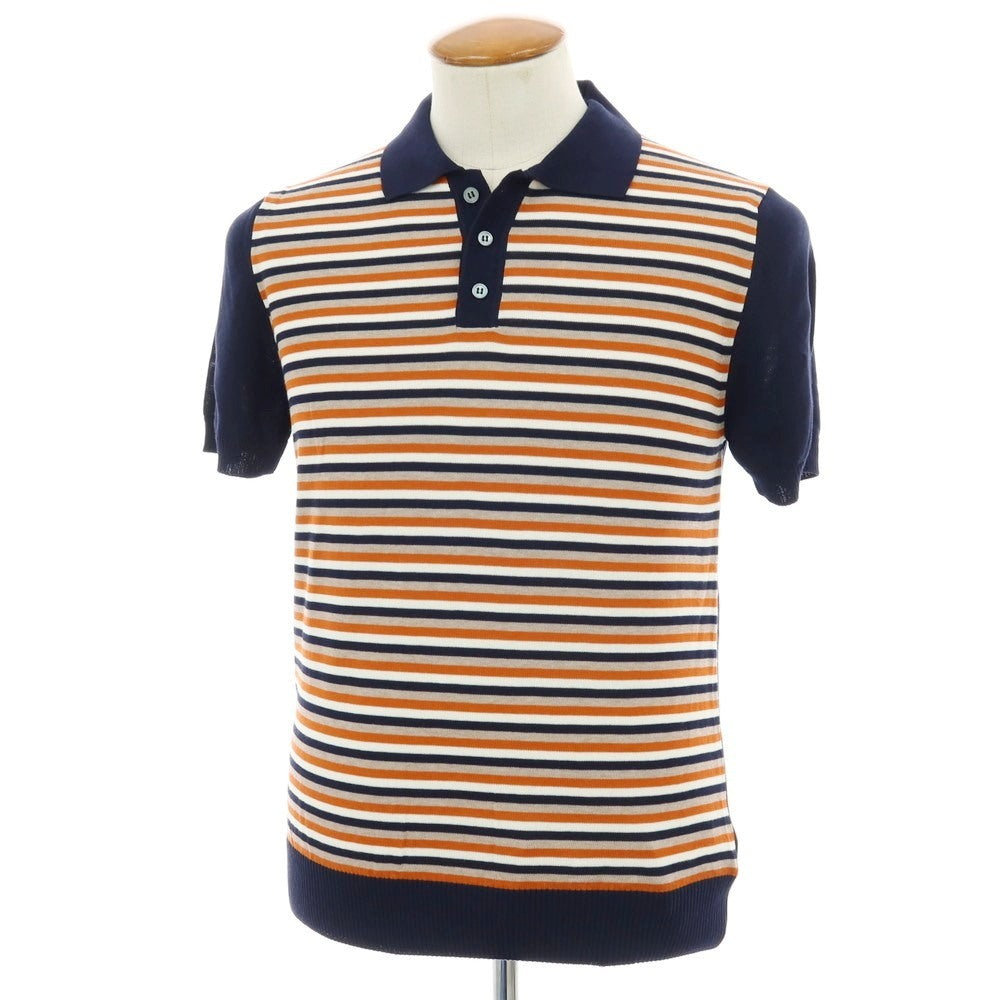 【新品】ザノーネ ZANONE ハイゲージ コットン ボーダー 半袖 ポロニット ネイビーxダークオレンジ【 48 】【 状態ランクN 】【 メンズ 】