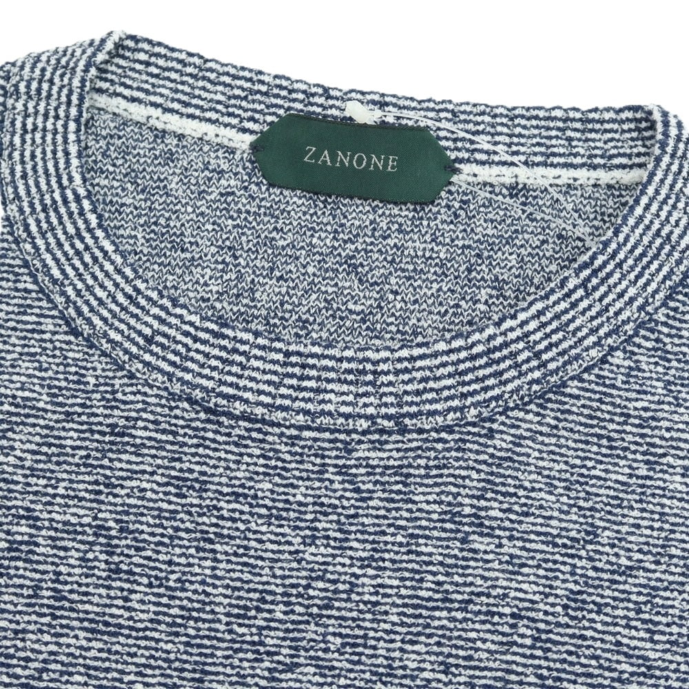 【新品】ザノーネ ZANONE コットンナイロン ブークレー ボーダークルーネック プルオーバーニット ネイビーxホワイト【 48 】【 状態ランクN 】【 メンズ 】