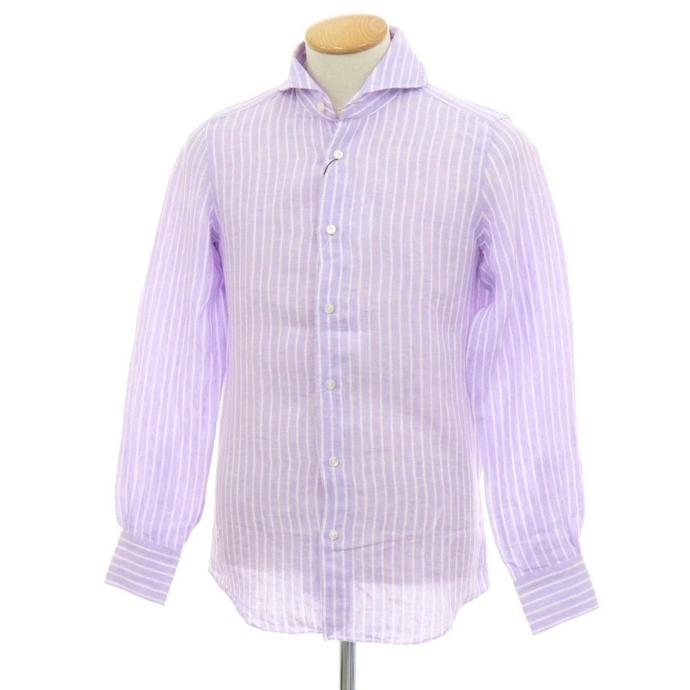 【新品】フィナモレ Finamore SERGIO リネン ストライプ カッタウェイ カジュアルシャツ ラベンダーxホワイト【 XS 】【 状態ランクN 】【 メンズ 】