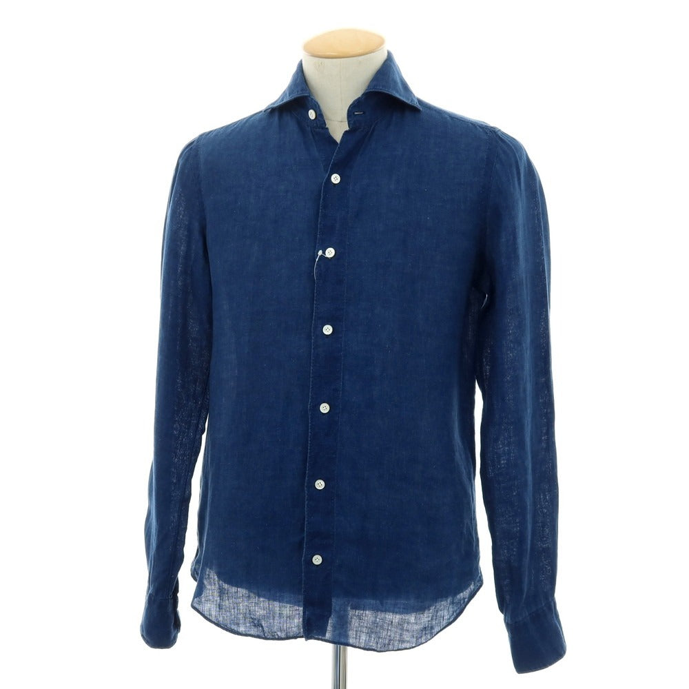 【中古】フィナモレ Finamore リネン カジュアルシャツ ブルーネイビー【サイズ37】【 状態ランクC 】【 メンズ 】