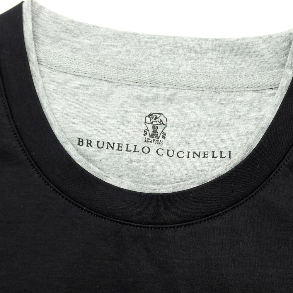 【中古】ブルネロクチネリ Brunello Cucinelli コットン クルーネック フェイクレイヤード 半袖Tシャツ ブラックxライトグレー【 M 】【 状態ランクA 】【 メンズ 】