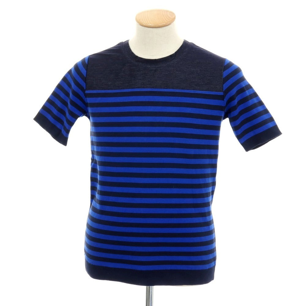 【中古】トゥモローランド TOMORROWLAND ボーダー ニット 切り替え クルーネック 半袖トップ ネイビーxブルー【 S 】【 状態ランクB 】【 メンズ 】