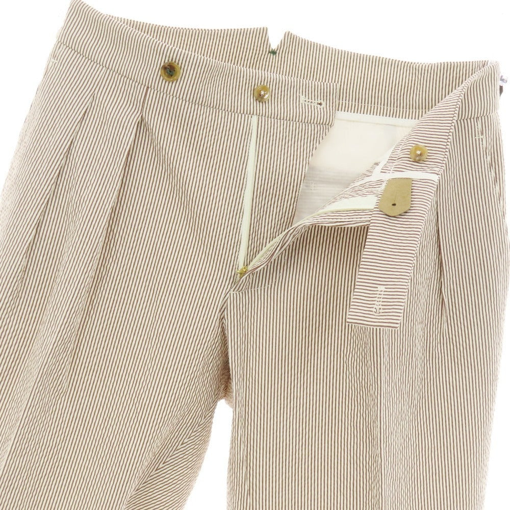 【中古】ベルウィッチ BERWICH ストレッチ コットンナイロン シアサッカー ストライプ カジュアルスラックスパンツ ブラウンxホワイト【 46 】【 状態ランクA 】【 メンズ 】