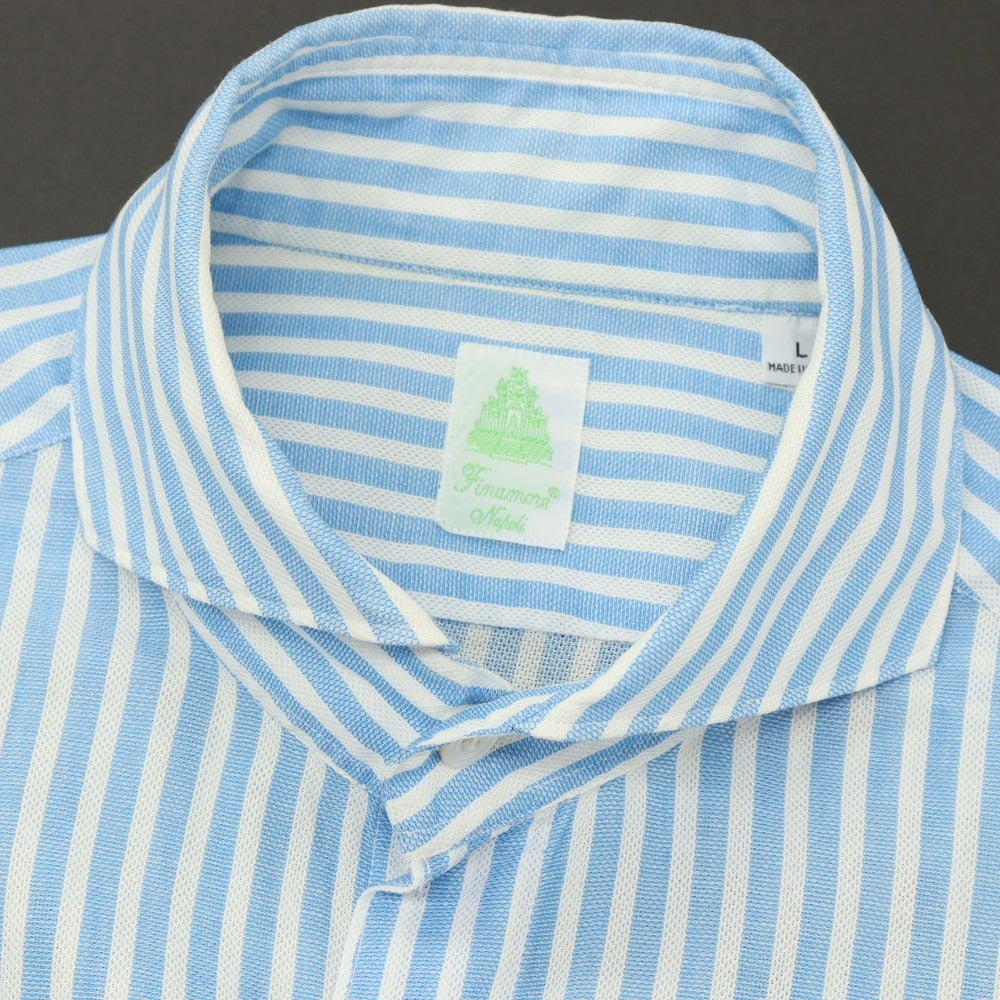 【中古】フィナモレ Finamore コットン ストライプ ホリゾンタルカラー ドレスシャツ ブルーxホワイト【サイズL】【 状態ランクC 】【 メンズ 】