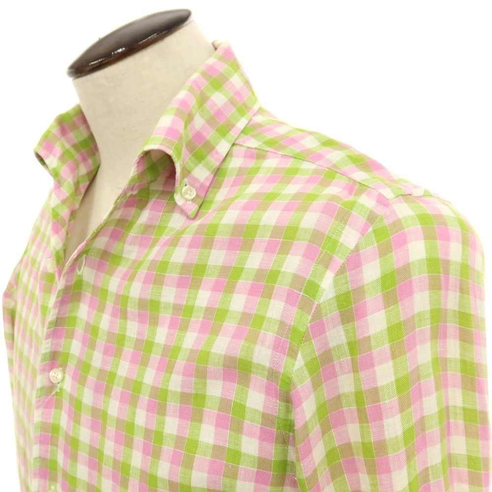 【中古】バーニーズニューヨーク BARNEYS NEWYORK リネン チェック イタリアンカラー カジュアルシャツ ピンクxグリーン【サイズL】【 状態ランクB 】【 メンズ 】