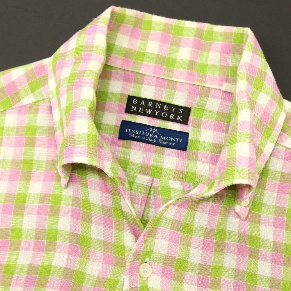 【中古】バーニーズニューヨーク BARNEYS NEWYORK リネン チェック イタリアンカラー カジュアルシャツ ピンクxグリーン【サイズL】【 状態ランクB 】【 メンズ 】