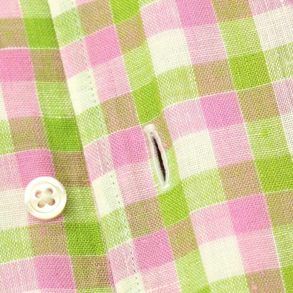 【中古】バーニーズニューヨーク BARNEYS NEWYORK リネン チェック イタリアンカラー カジュアルシャツ ピンクxグリーン【サイズL】【 状態ランクB 】【 メンズ 】