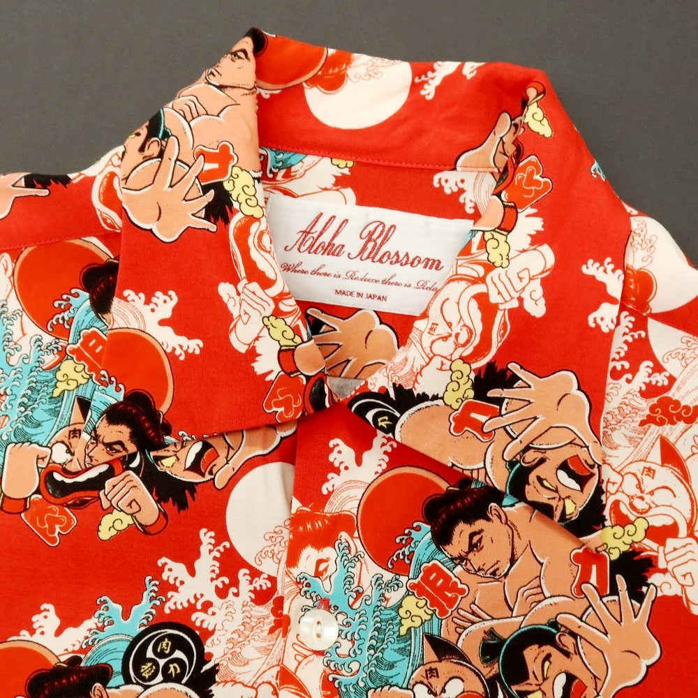 【中古】アロハブロッサム Aloha Blossom ×千代の富士×キン肉マン×ウルフマン レーヨン オープンカラー アロハ ハワイアンシャツ レッド【サイズ40】【 状態ランクB 】【 メンズ 】