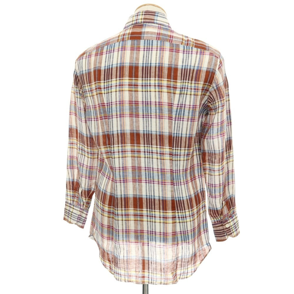 【中古】ジャンネット giannetto リネン チェック ホリゾンタルカラー カジュアルシャツ ブラウンxホワイト【サイズS】【 状態ランクC 】【 メンズ 】