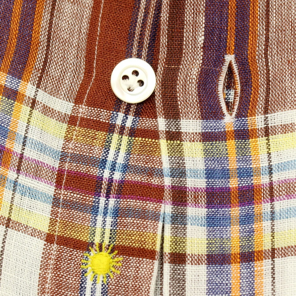 【中古】ジャンネット giannetto リネン チェック ホリゾンタルカラー カジュアルシャツ ブラウンxホワイト【サイズS】【 状態ランクC 】【 メンズ 】