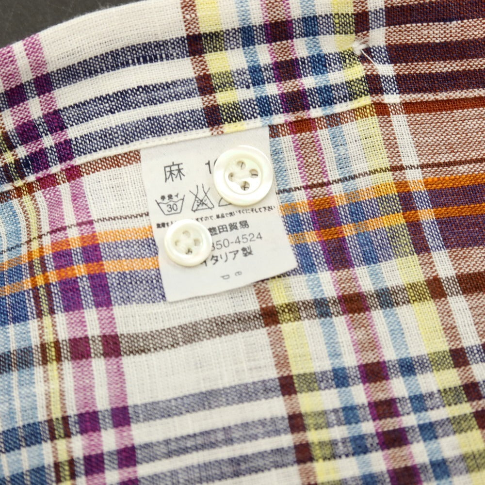 【中古】ジャンネット giannetto リネン チェック ホリゾンタルカラー カジュアルシャツ ブラウンxホワイト【サイズS】【 状態ランクC 】【 メンズ 】