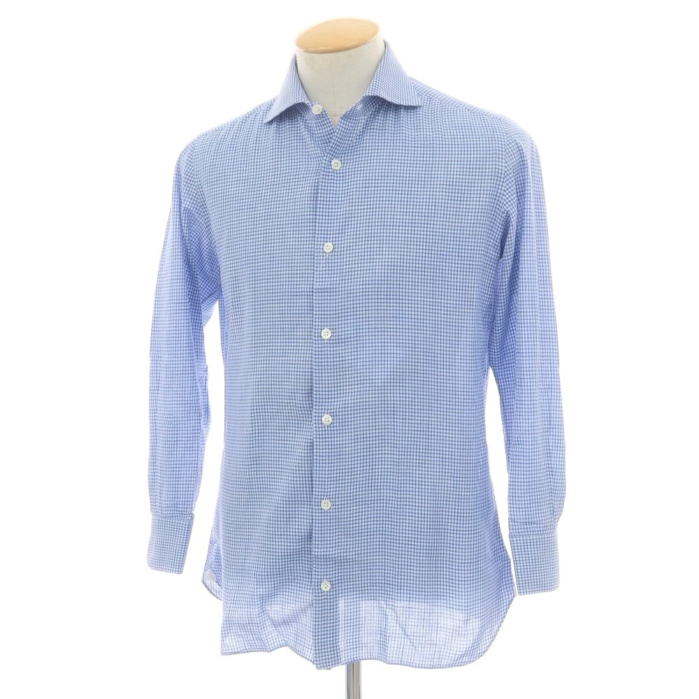 【中古】ルイジ ボレッリ Luigi Borrelli コットン系 チェック ワイドカラー カジュアルシャツ ブルー【 37 】【 状態ランクC 】【 メンズ 】
