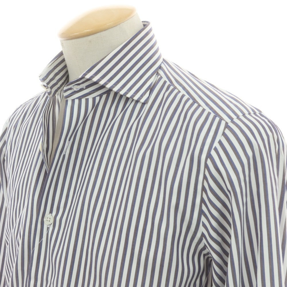 【中古】マリアサンタンジェロ Maria Santangelo コットン系 ストライプ ワイドカラー ドレスシャツ ネイビーxブラウン【 38 】【 状態ランクB 】【 メンズ 】