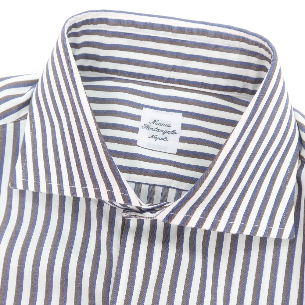 【中古】マリアサンタンジェロ Maria Santangelo コットン系 ストライプ ワイドカラー ドレスシャツ ネイビーxブラウン【 38 】【 状態ランクB 】【 メンズ 】